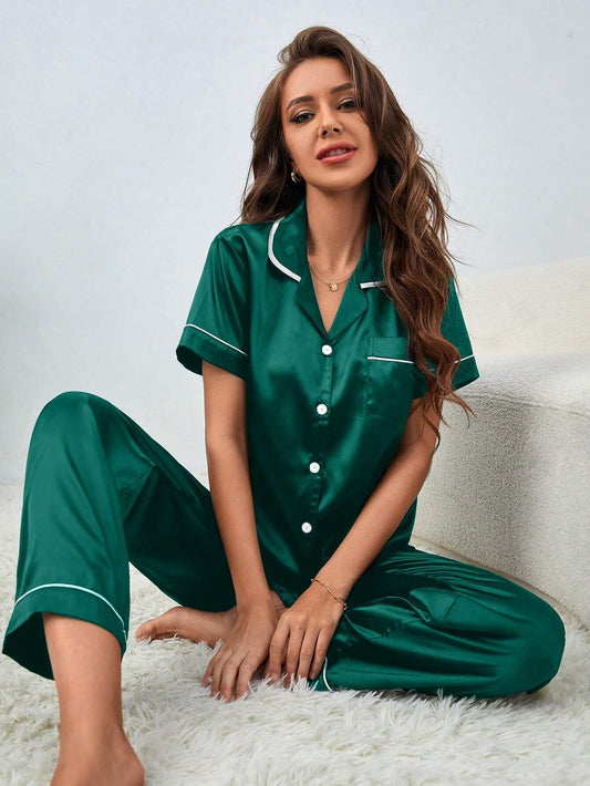 Satin Luxe Blouse & Pants Pajama Set – Comfortable Loungewear for Women