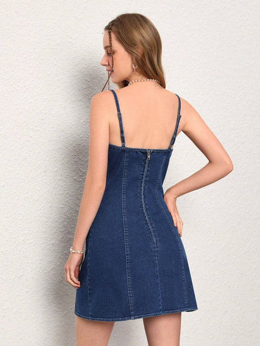 Women's Tie-Front Cami Denim Dress – Casual Summer Mini Dress