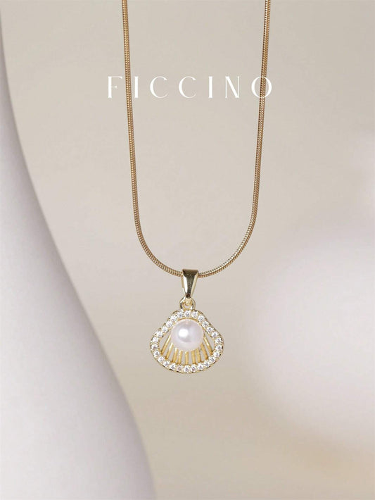 Gold-Plated Pearl Shell Pendant Necklace – Women's Cubic Zirconia Inlaid Jewellery.