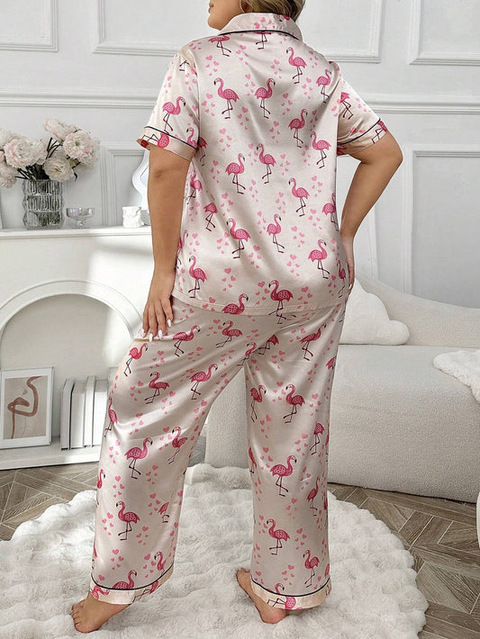Plus Size Silk-Like Pyjama Set – Women's Short Sleeve Top