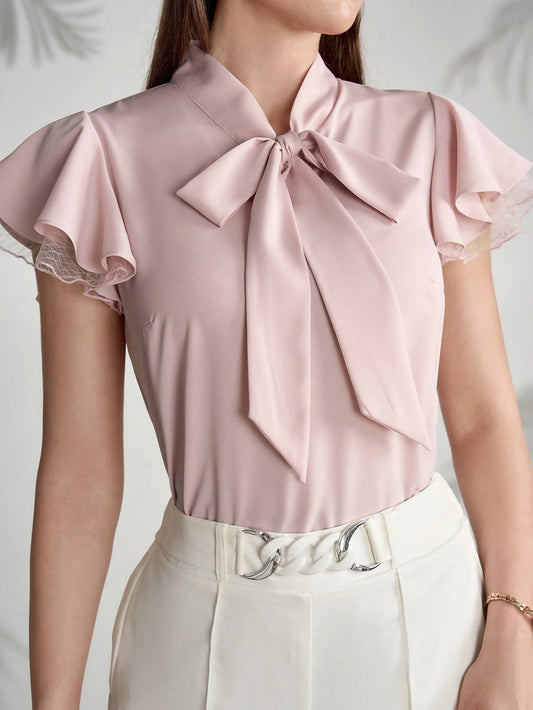 Elegant Cap Sleeve Shirt with Net Yarn Splicing, Collar & Tie Detail