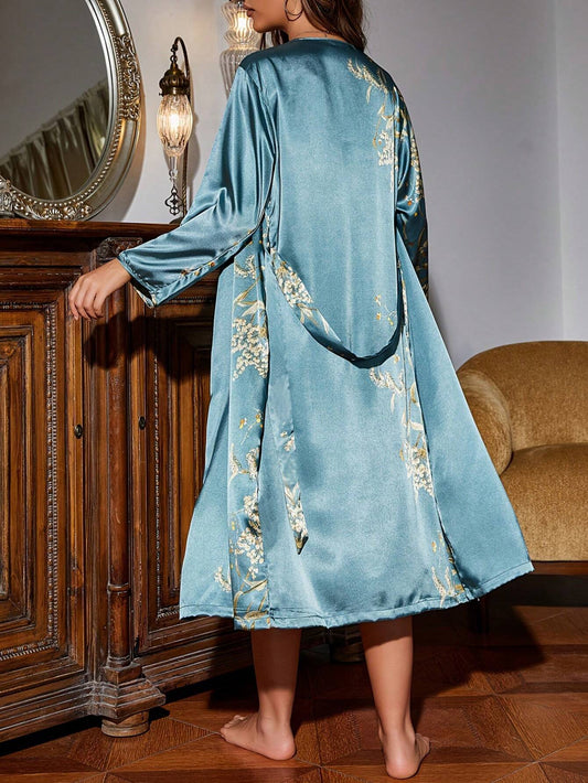 Women’s Satin Floral Pyjama Set with Robe - Strap Nightdress & Tie-Waist Kimono