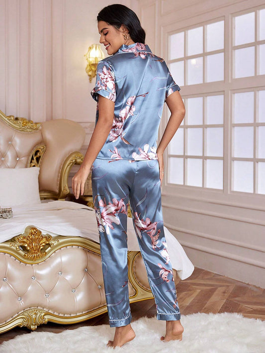 Floral Satin Pajama Set – Women's Lapel Collar Nightwear