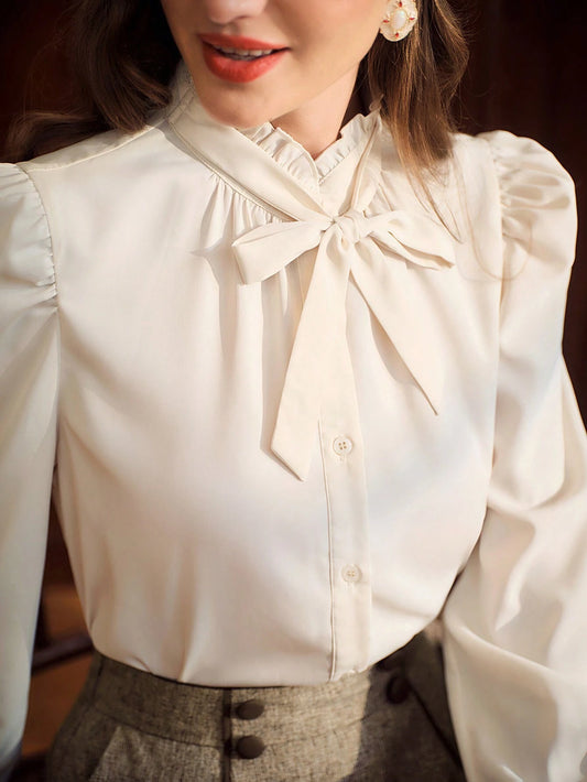 Retro Button-Up Blouse – Elegant Long Sleeve Shirt for Office & Casual Wear