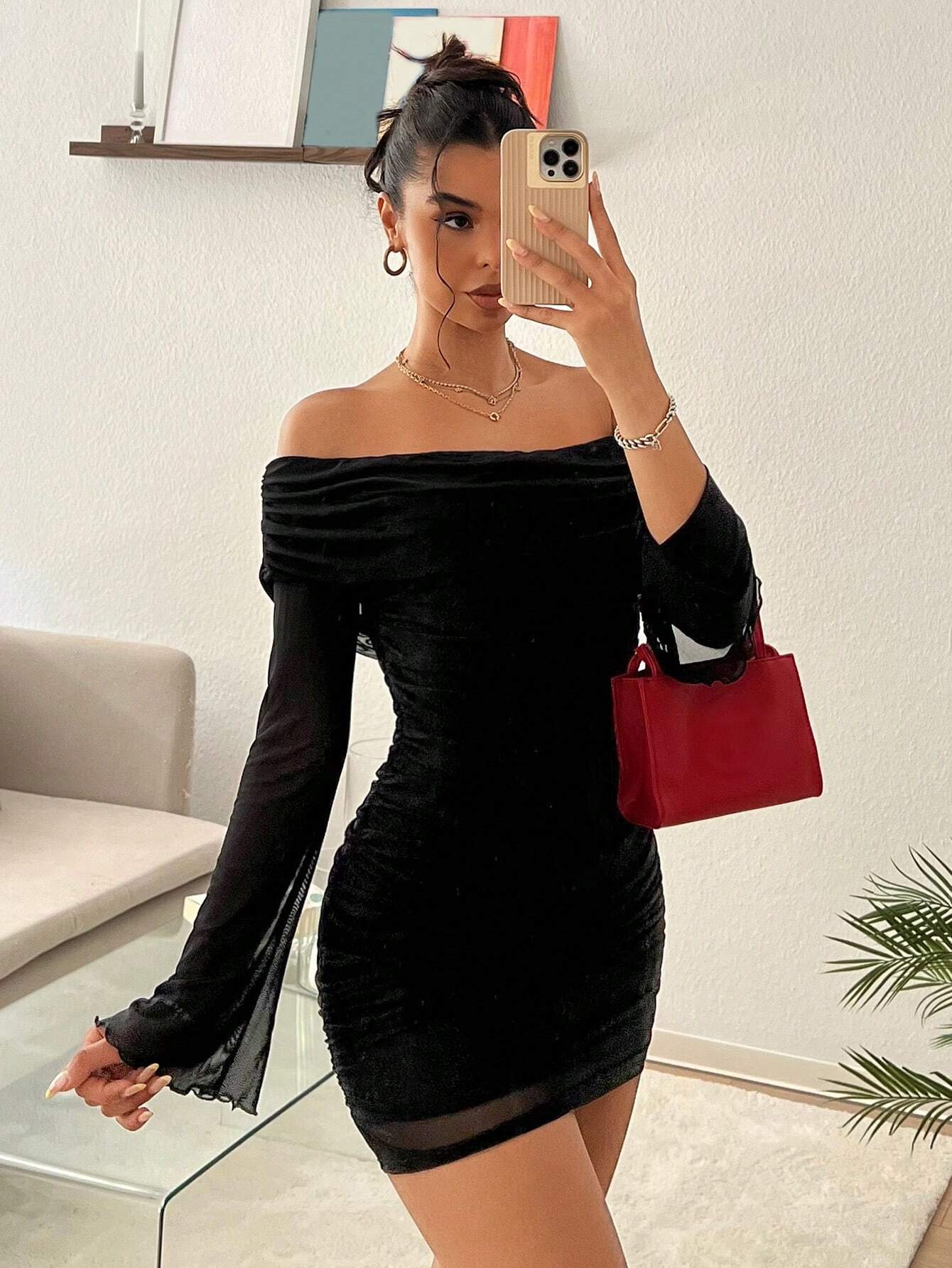 Women's Off-Shoulder Glitter Mini Dress – Elegant Pleated Partywear