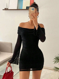Women's Off-Shoulder Glitter Mini Dress – Elegant Pleated Partywear