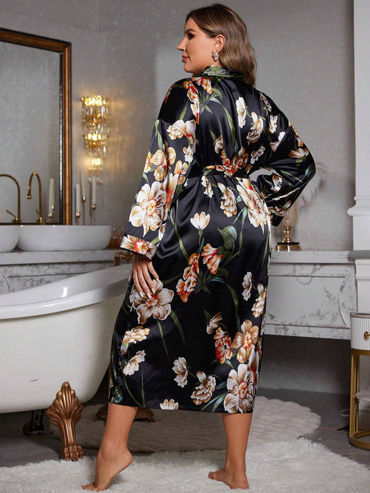 Plus Size Floral Silk Kimono Robe – Soft Satin Loungewear for Women