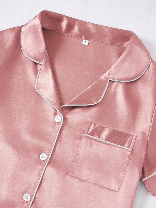 Silk Pajama Set – Solid Color with Contrast Trim & Collar – Women’s Sleepwear Set