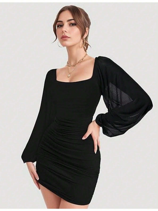 Women's Mesh Bodycon Mini Dress – Long Sleeve Cocktail Partywear
