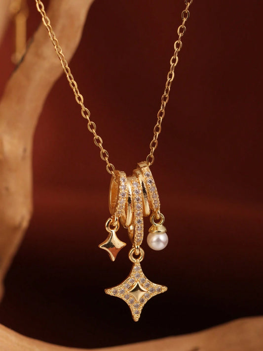 18K Gold-Plated Aurora Star Pendant Necklace with Pearl and Crystals.