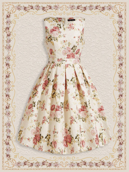 Vintage Floral Sleeveless Mini Dress – Elegant A-Line Belted Sundress for Summer Events