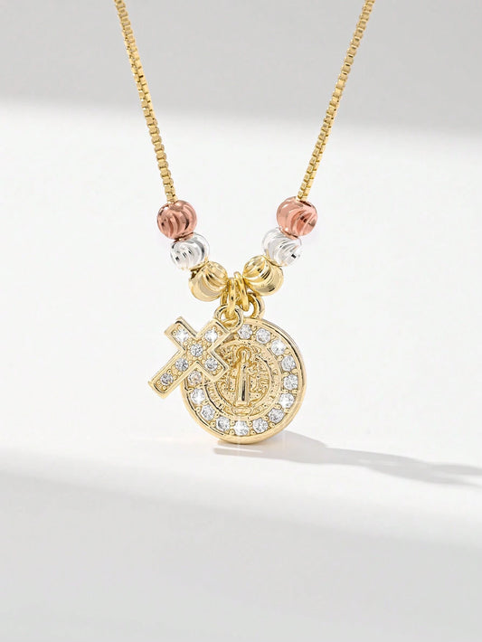 "Handmade Tri-Color Beaded Cross Pendant Necklace – Catholic Benedict Cross Jewellery, Perfect Gift for Women.