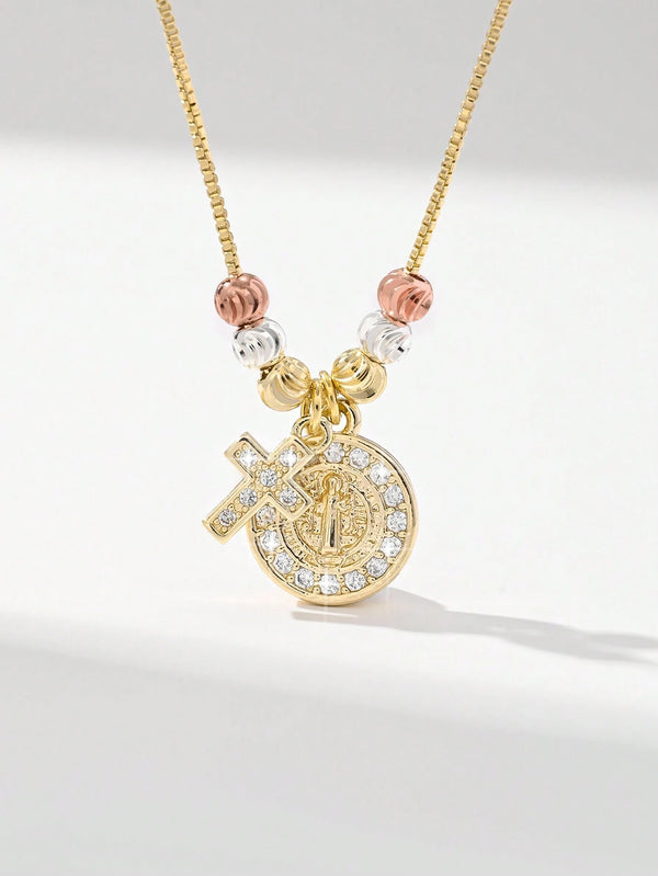 "Handmade Tri-Color Beaded Cross Pendant Necklace – Catholic Benedict Cross Jewellery, Perfect Gift for Women.