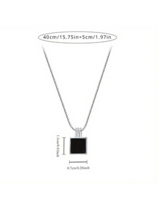 S925 Sterling Silver Black Square Pendant Necklace.