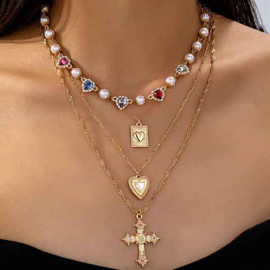 4-Piece Layered Necklace Set – 18K Gold-Plated, Cubic Zirconia Heart & Cross Pendants, Women's Jewellery Gift.