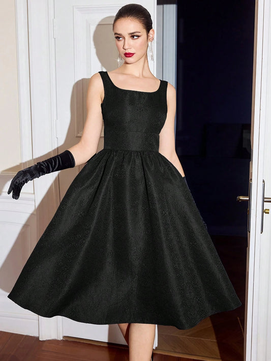 Sleeveless Jacquard A-Line Dress with Boat Neck – Royal Blue Holiday Party Dress