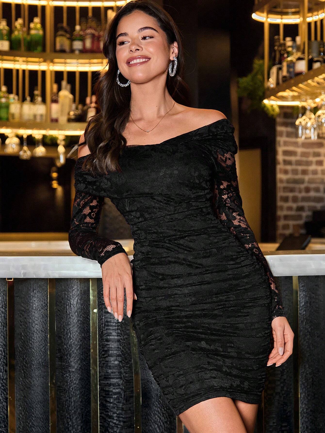 Lace Off-Shoulder Fitted Dress – Elegant Long Sleeve Party Dress