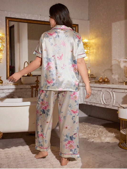 Plus Size Floral Satin Pyjama Set – Women's Short Sleeve Button-Down Nightwear