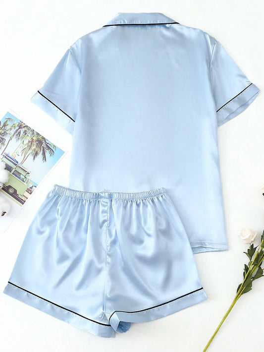 Satin Sleepwear Set – Short Sleeve Lapel Shirt & Bowknot Shorts