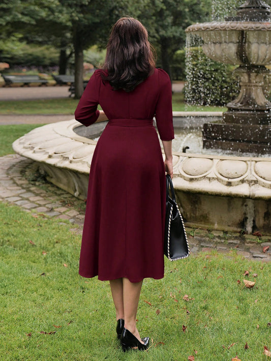 Vintage Bow-Waist Midi Dress – Elegant Puff Sleeve Dress for Autumn & Special Occasions