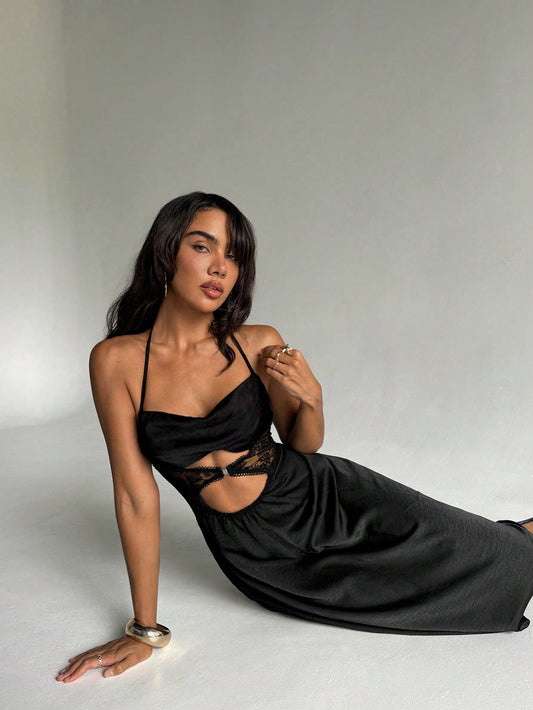 Black Satin Lace Midi Dress – Elegant Sleeveless A-Line for Date Night & Parties