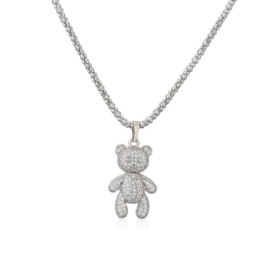 18k Gold Bear Affection Pendant Necklace with Heart Charm
