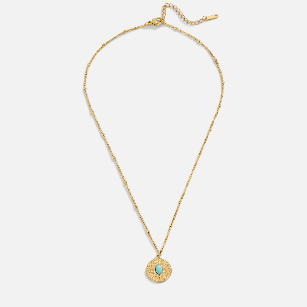 18K Gold Turquoise Stone Coin Necklace