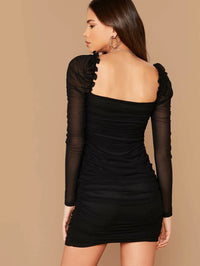 Black Ruched Mesh Short Dress with Gigot Sleeves & Frill Trim – Elegant Party Wear