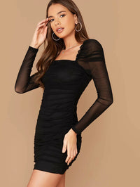 Black Ruched Mesh Short Dress with Gigot Sleeves & Frill Trim – Elegant Party Wear