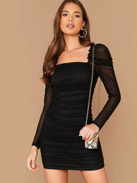 Black Ruched Mesh Short Dress with Gigot Sleeves & Frill Trim – Elegant Party Wear
