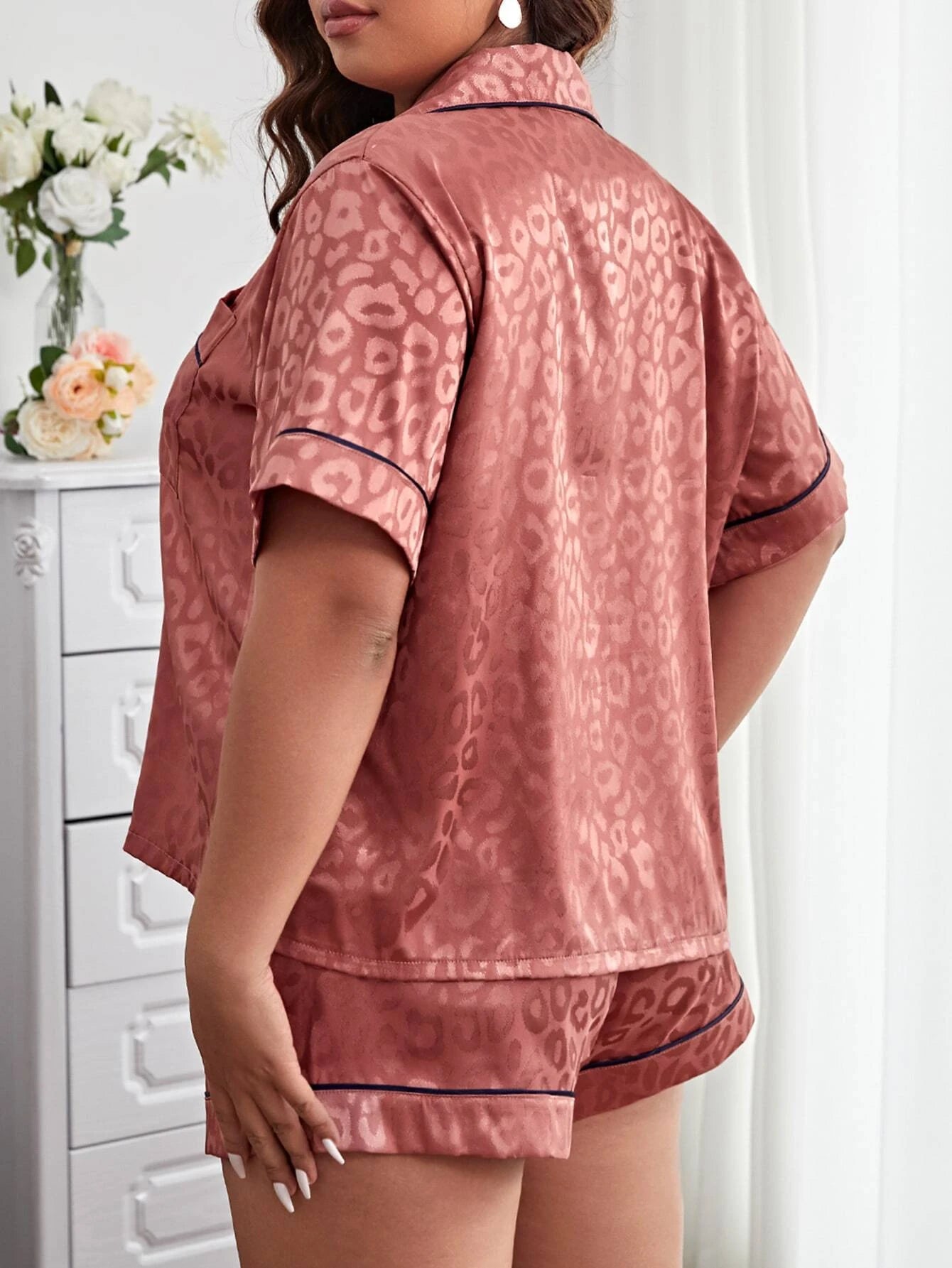 Jacquard Satin Pajama Set – Contrast Piping Women's Nightwear