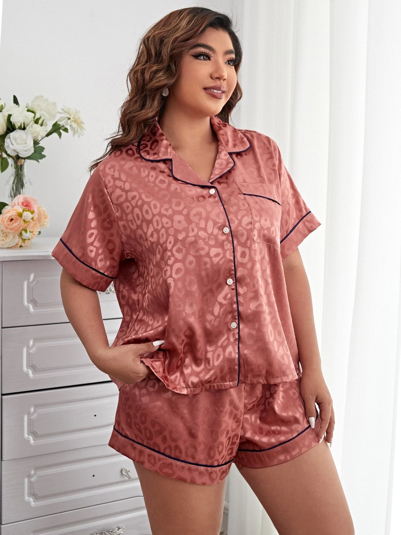 Jacquard Satin Pajama Set – Contrast Piping Women's Nightwear