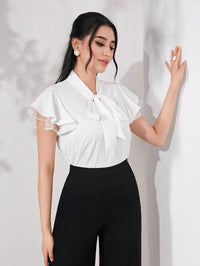 Elegant Cap Sleeve Shirt with Net Yarn Splicing, Collar & Tie Detail