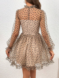 Heart Print Flounce Sleeve Dress –  Mesh Overlay Design