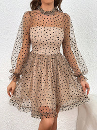 Heart Print Flounce Sleeve Dress –  Mesh Overlay Design