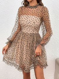 Heart Print Flounce Sleeve Dress –  Mesh Overlay Design