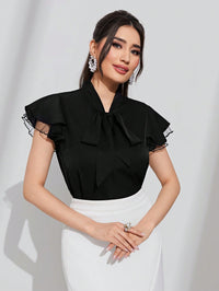 Elegant Cap Sleeve Shirt with Net Yarn Splicing, Collar & Tie Detail