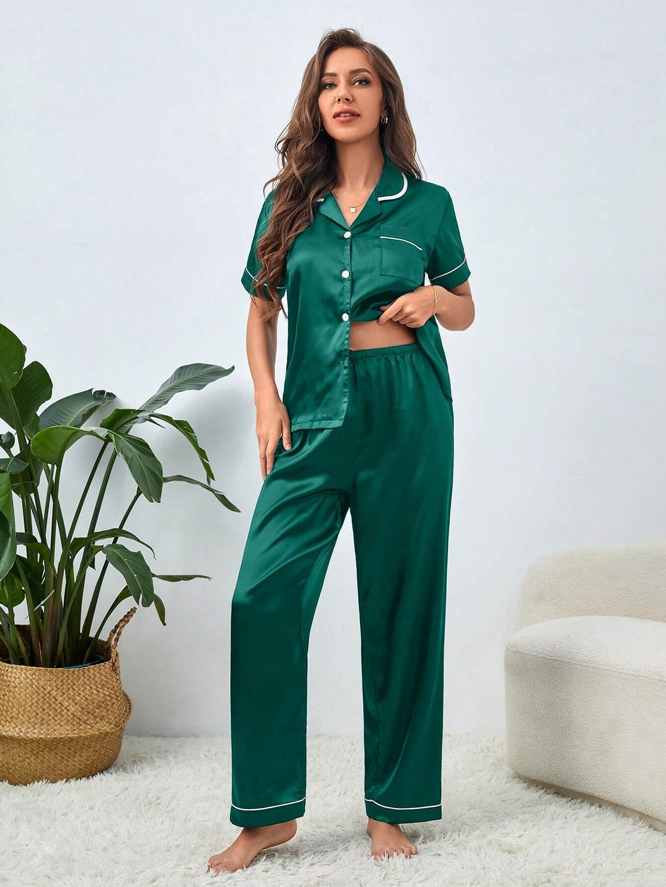 Satin Luxe Blouse & Pants Pajama Set – Comfortable Loungewear for Women