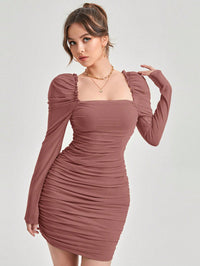 Black Ruched Mesh Short Dress with Gigot Sleeves & Frill Trim – Elegant Party Wear