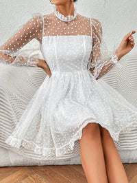 Heart Print Flounce Sleeve Dress –  Mesh Overlay Design