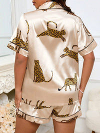 Plus Size Leopard Print Silk-Like Pajama Set – Women's Short Sleeve Shirt & Shorts