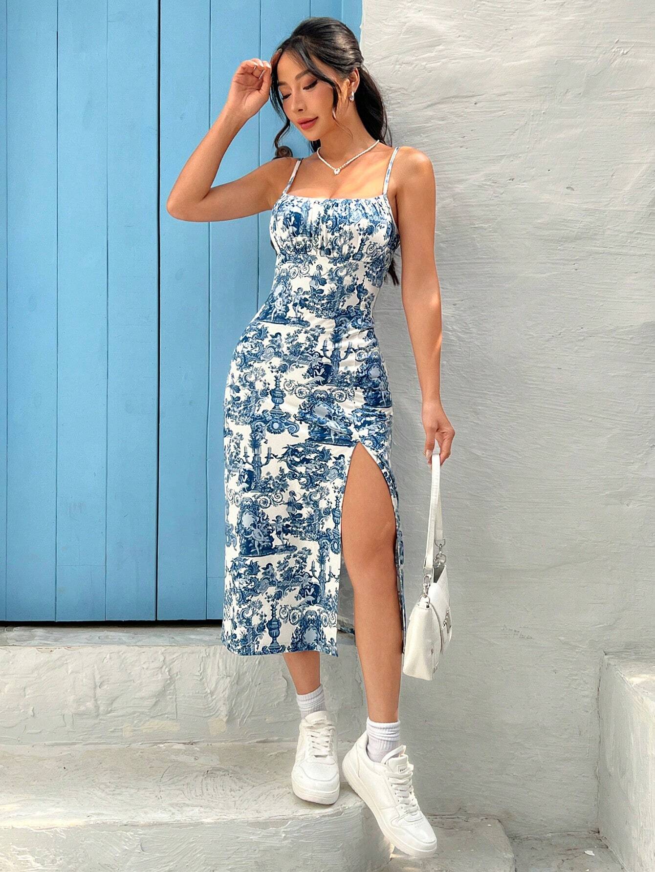 Floral Pink Slit Dress – Spaghetti Strap Summer Midi for Garden Parties & Holidays