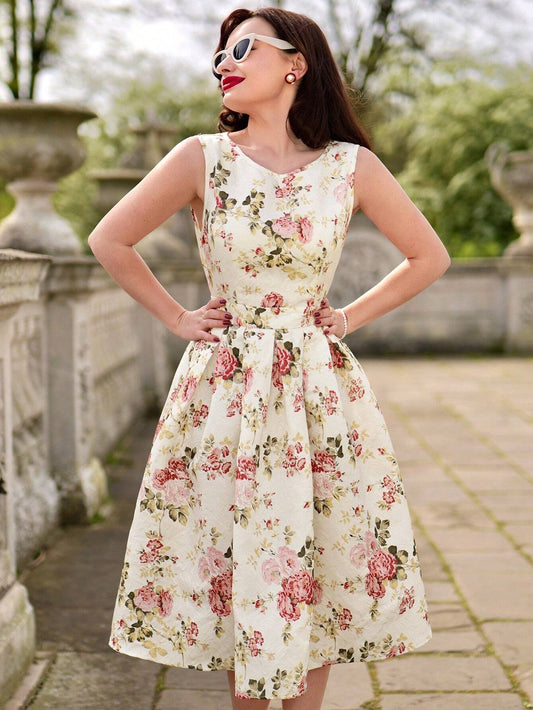 Vintage Floral Sleeveless Mini Dress – Elegant A-Line Belted Sundress for Summer Events
