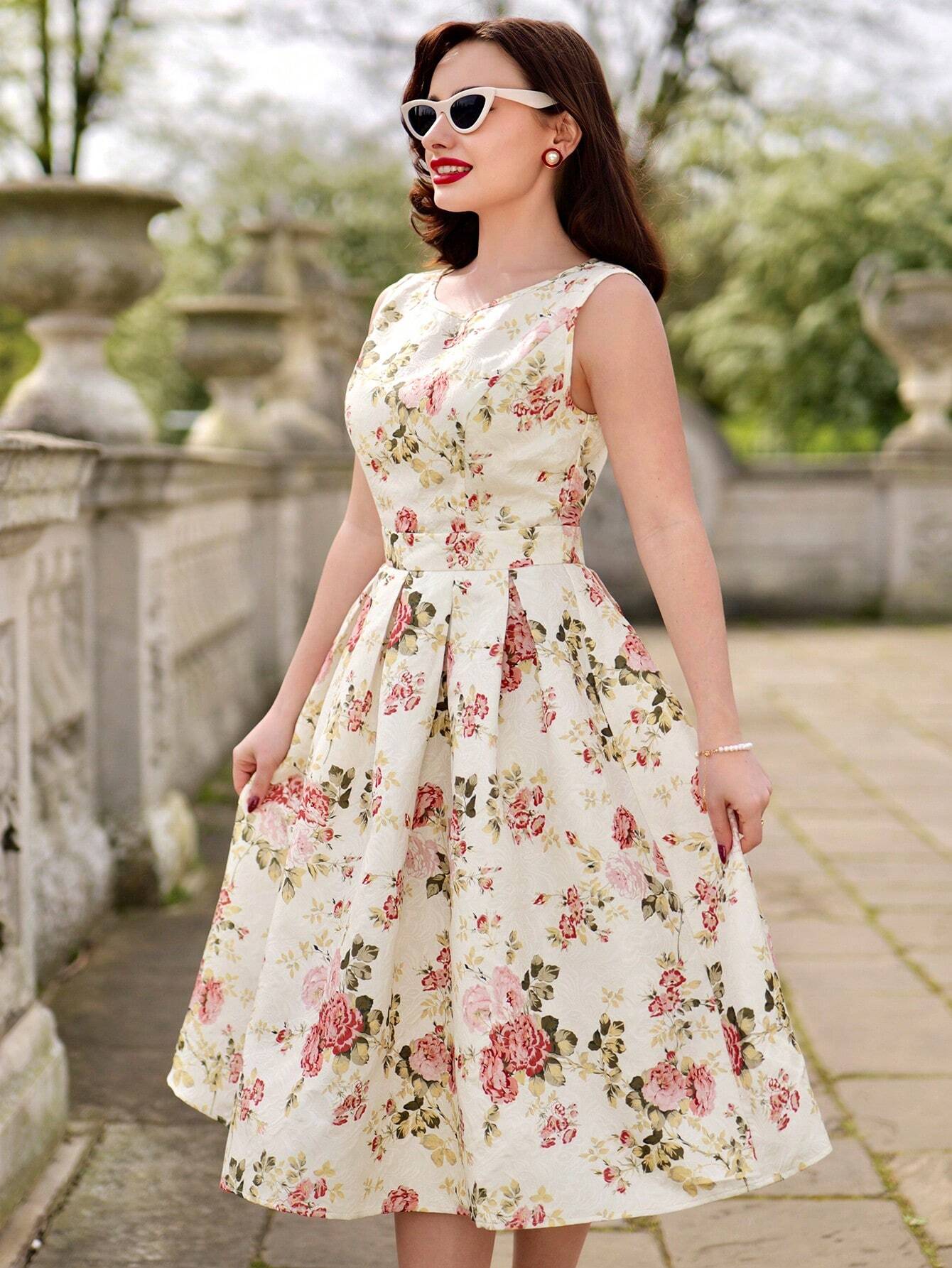 Vintage Floral Sleeveless Mini Dress – Elegant A-Line Belted Sundress for Summer Events