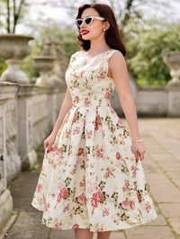 Vintage Floral Sleeveless Mini Dress – Elegant A-Line Belted Sundress for Summer Events