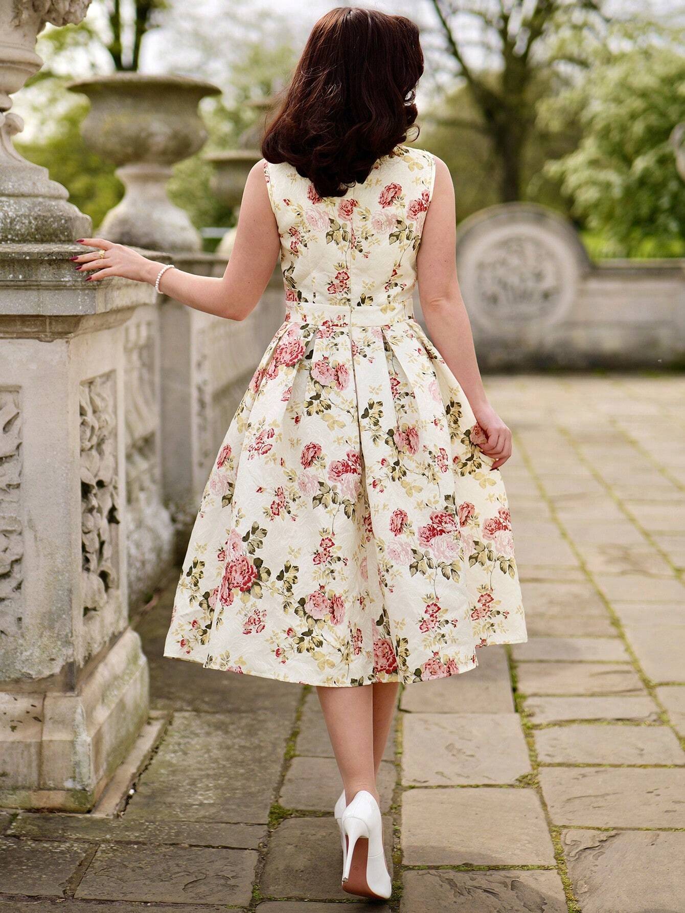 Vintage Floral Sleeveless Mini Dress – Elegant A-Line Belted Sundress for Summer Events