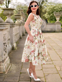 Vintage Floral Sleeveless Mini Dress – Elegant A-Line Belted Sundress for Summer Events