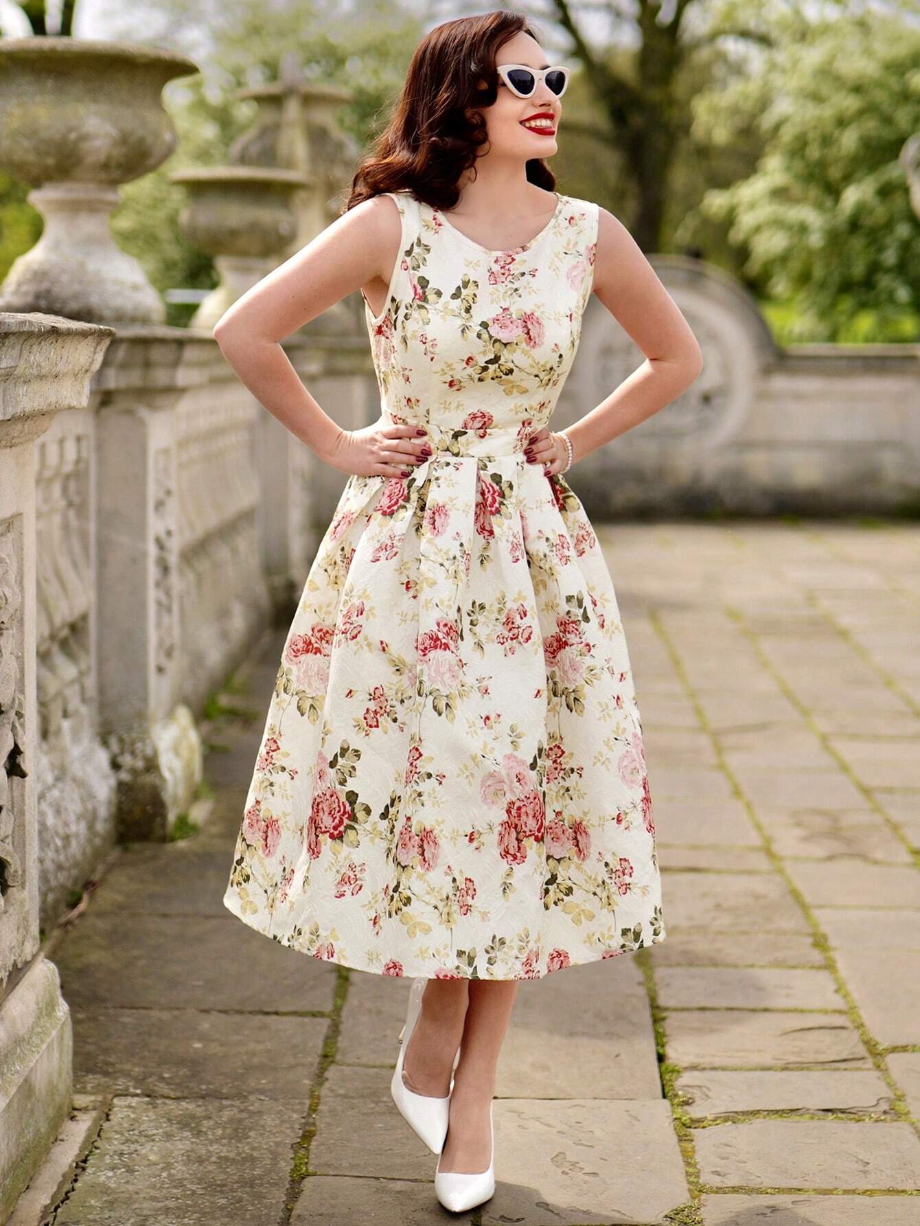 Vintage Floral Sleeveless Mini Dress – Elegant A-Line Belted Sundress for Summer Events