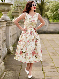Vintage Floral Sleeveless Mini Dress – Elegant A-Line Belted Sundress for Summer Events
