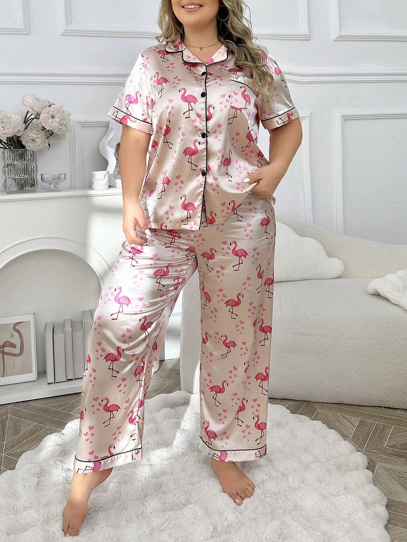 Plus Size Silk-Like Pyjama Set – Women's Short Sleeve Top